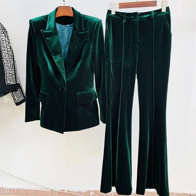 Velvet Blazer Pants Women Set Purple Brown 2023 Autumn Winter New One Button Jacket   Flare Pants Two Piece Office Female Suit