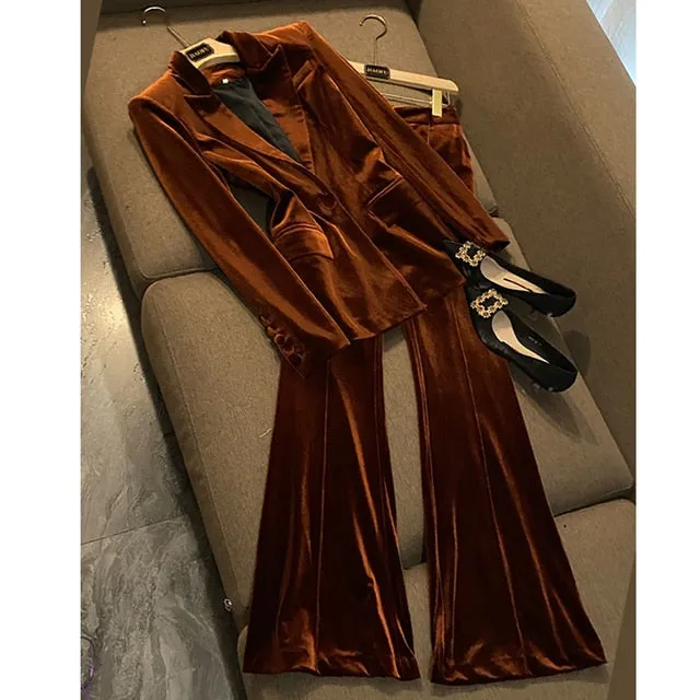 Velvet Blazer Pants Women Set Purple Brown 2023 Autumn Winter New One Button Jacket   Flare Pants Two Piece Office Female Suit