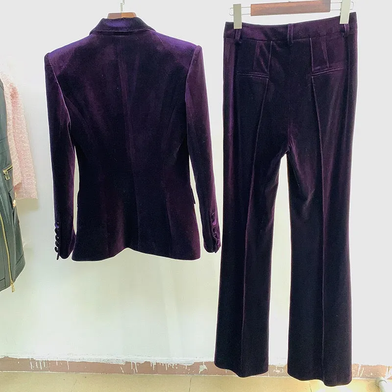 Velvet Blazer Pants Women Set Purple Brown 2023 Autumn Winter New One Button Jacket   Flare Pants Two Piece Office Female Suit