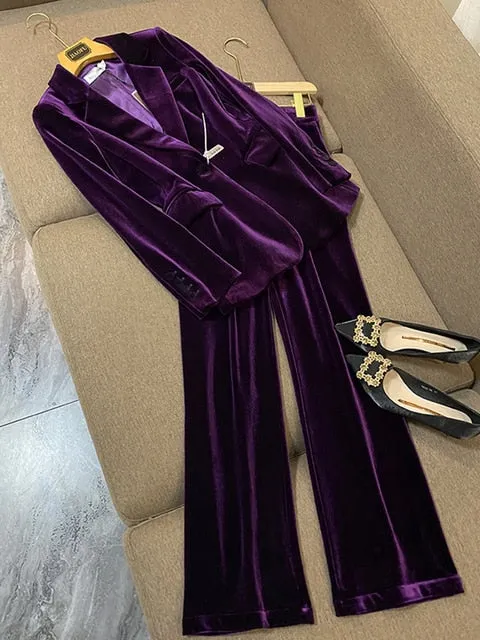 Velvet Blazer Pants Women Set Purple Brown 2023 Autumn Winter New One Button Jacket   Flare Pants Two Piece Office Female Suit