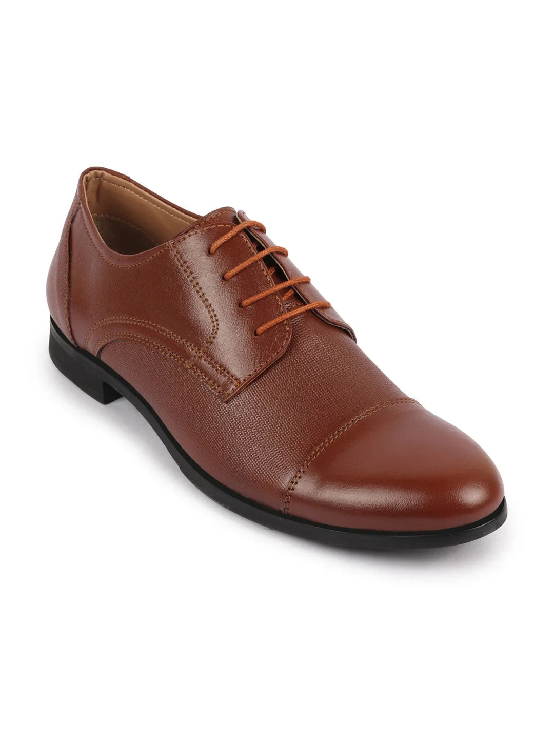 Men Tan Formal Office Textured Design Cap Toe Genuine Leather Lace Up Shoes