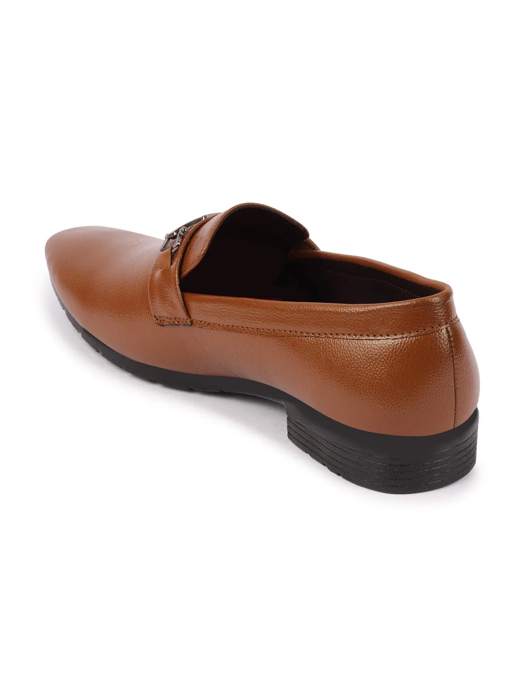 Men Tan Horsebit Buckle Formal Slip On Shoes