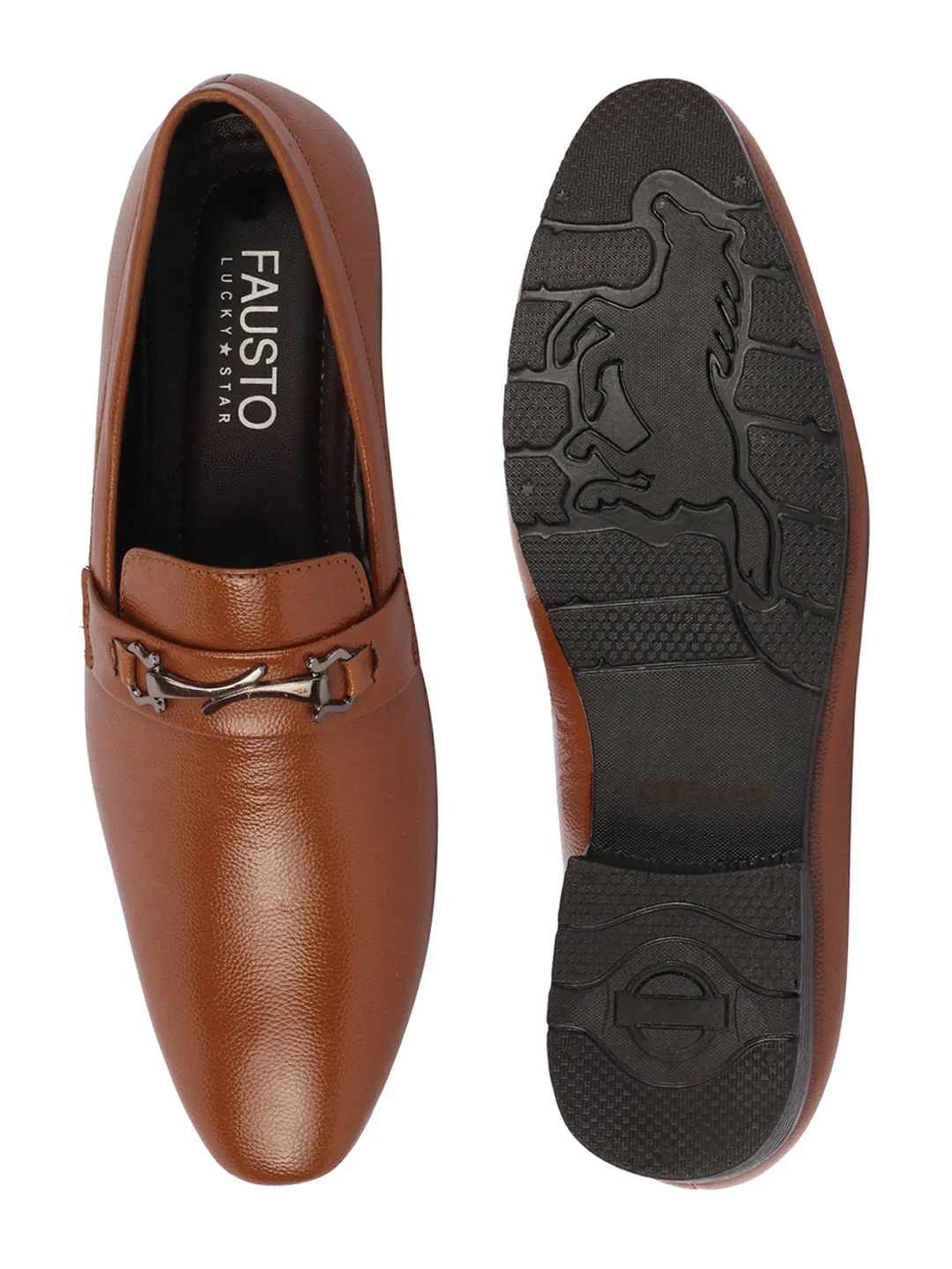 Men Tan Horsebit Buckle Formal Slip On Shoes