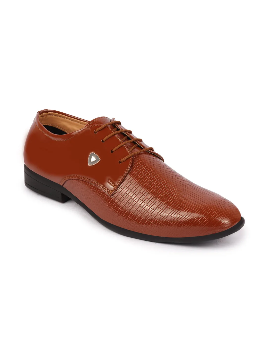 Men Tan Patent Leather Textured Design Formal Office Lace Up Shoes