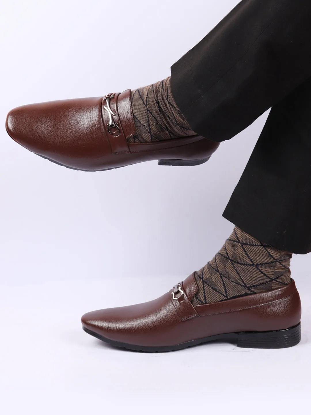 Men Brown Horsebit Buckle Formal Slip On Shoes