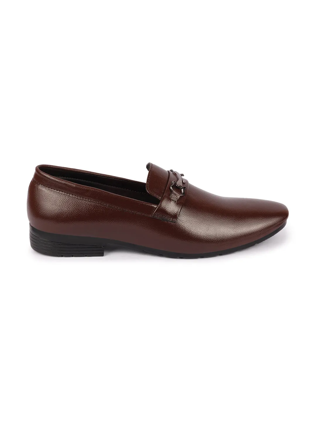 Men Brown Horsebit Buckle Formal Slip On Shoes