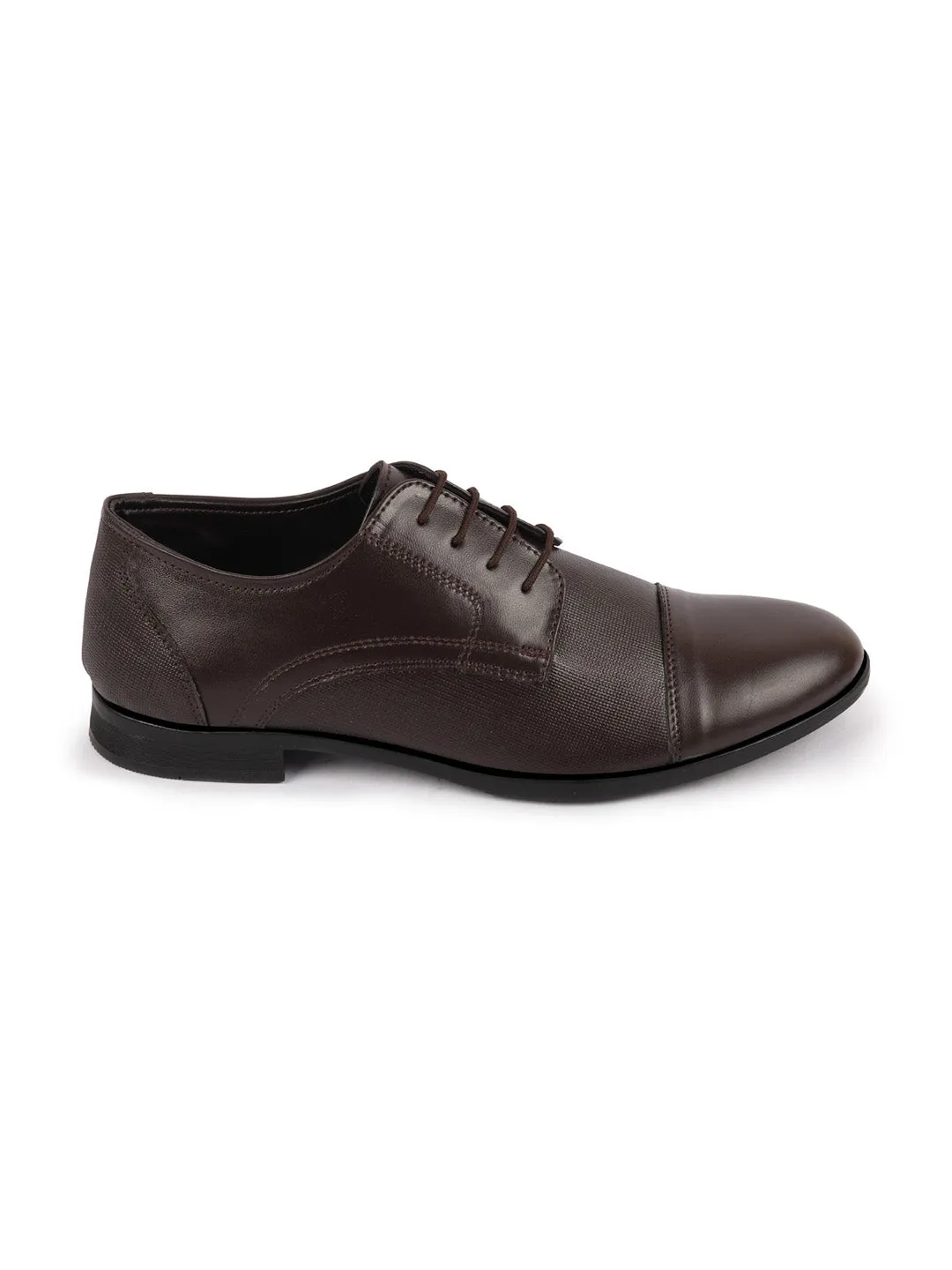 Men Brown Formal Office Textured Design Cap Toe Genuine Leather Lace Up Shoes