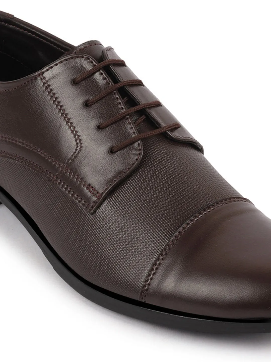 Men Brown Formal Office Textured Design Cap Toe Genuine Leather Lace Up Shoes