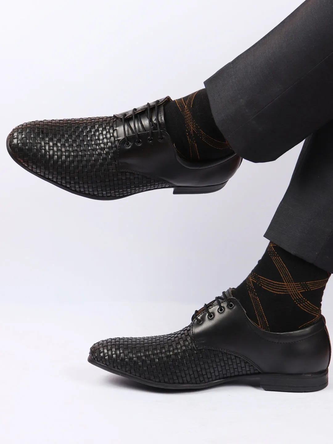 Men Black Knit Design Formal/Office Lace Up Shoes