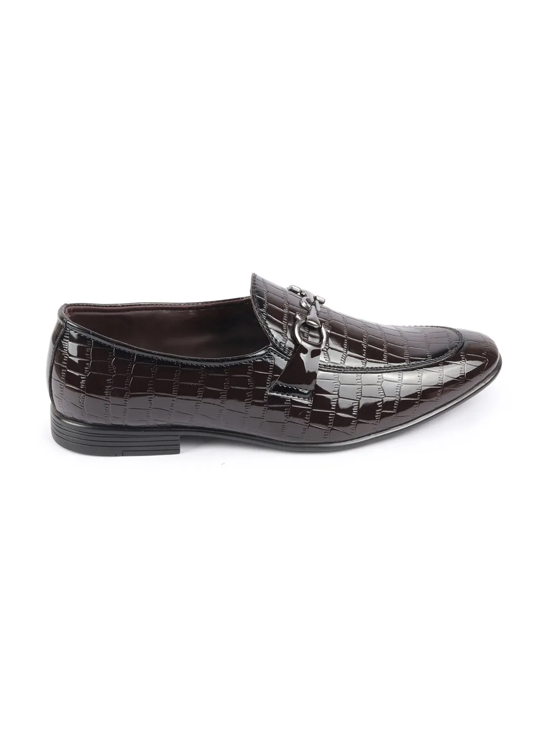 Men Brown Party Formal Patent Leather Embossed Design Buckle Slip On Loafer Shoes