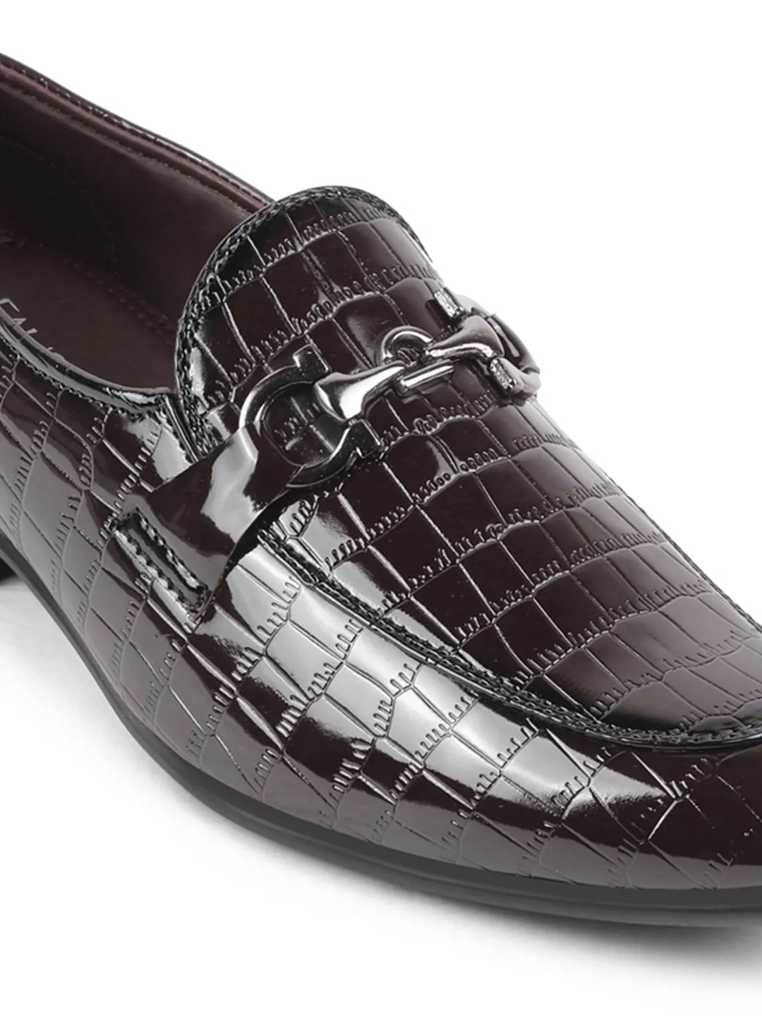 Men Brown Party Formal Patent Leather Embossed Design Buckle Slip On Loafer Shoes