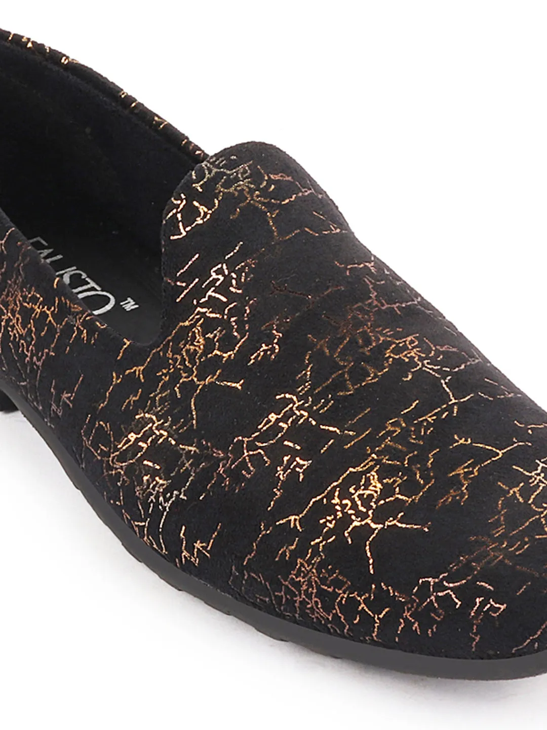 Men Black Velvet Printed Design Ethnic Wedding Party Prom Slip On Loafer Shoes