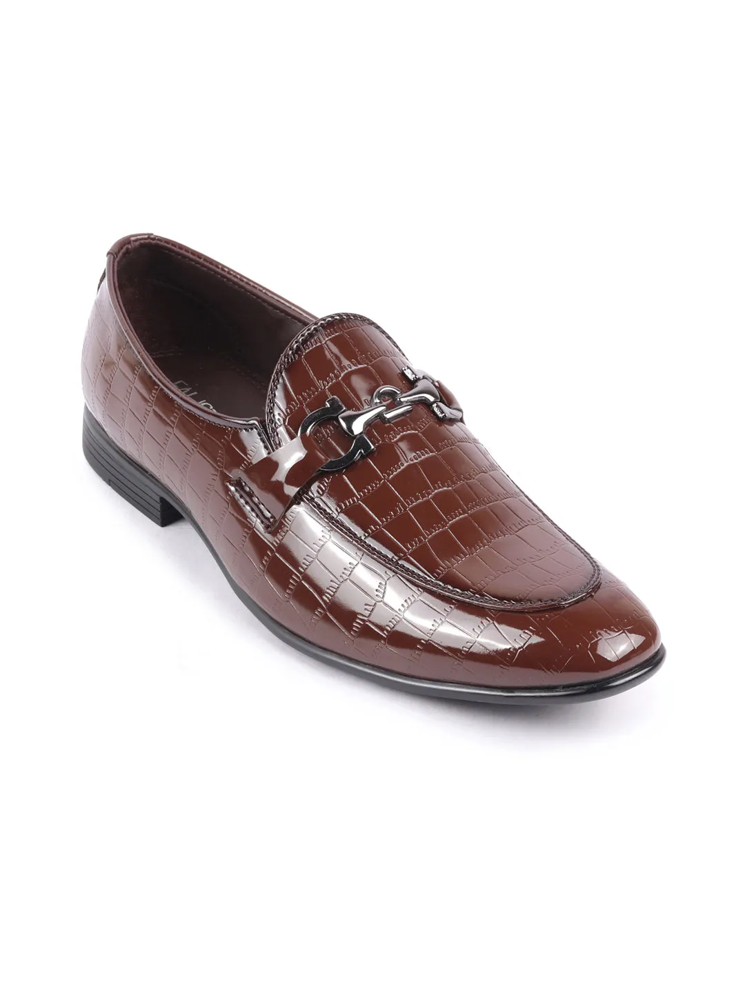 Men Tan Party Formal Patent Leather Embossed Design Buckle Slip On Loafer Shoes