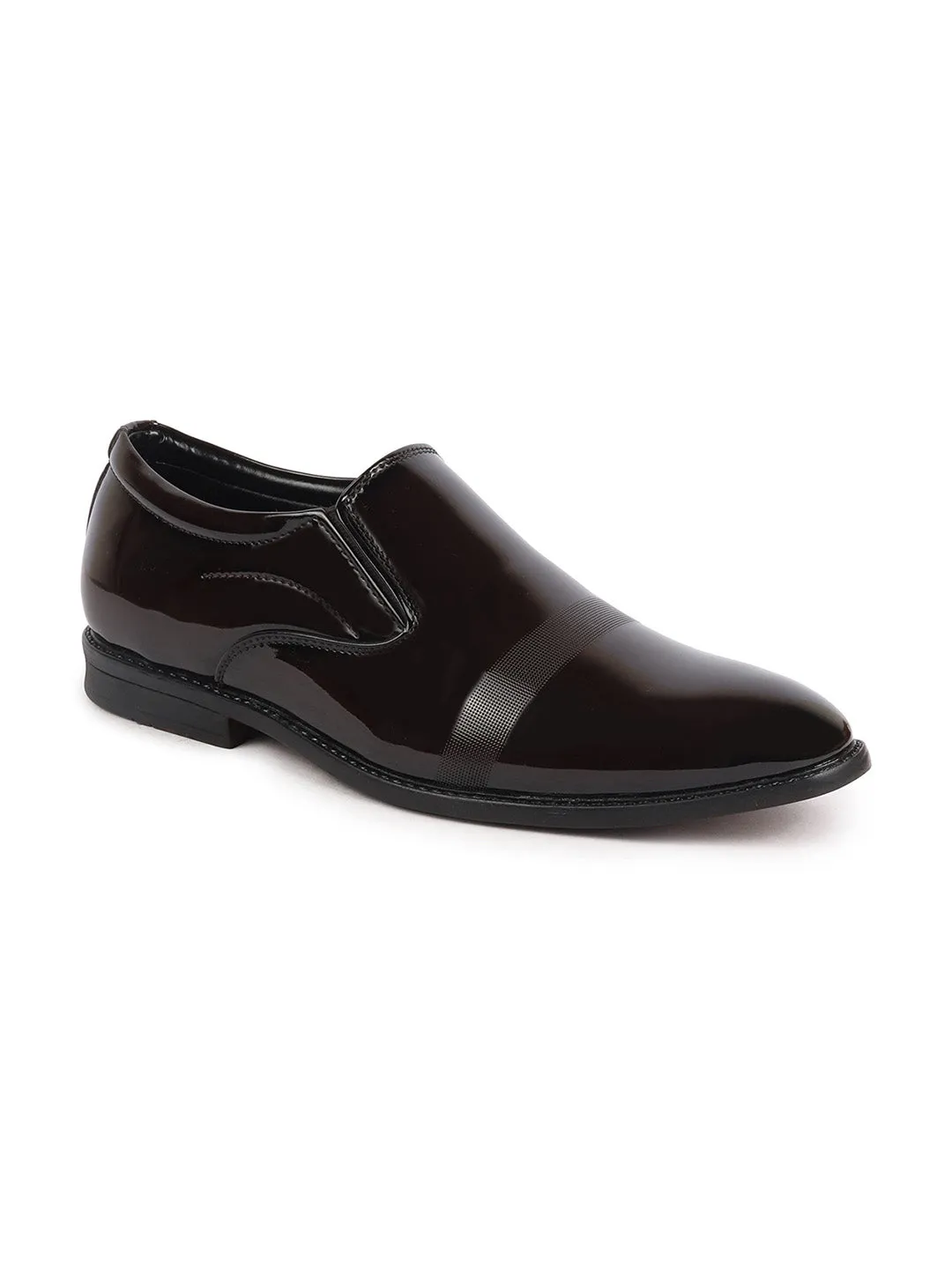 Men Brown Patent Leather Party Formal Textured Strip Slip On Shoes