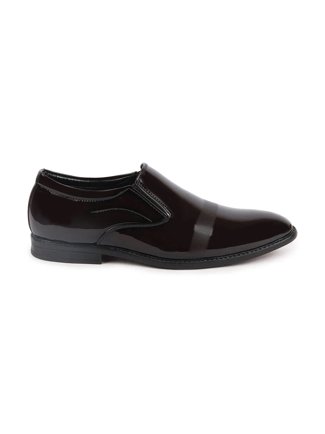 Men Brown Patent Leather Party Formal Textured Strip Slip On Shoes