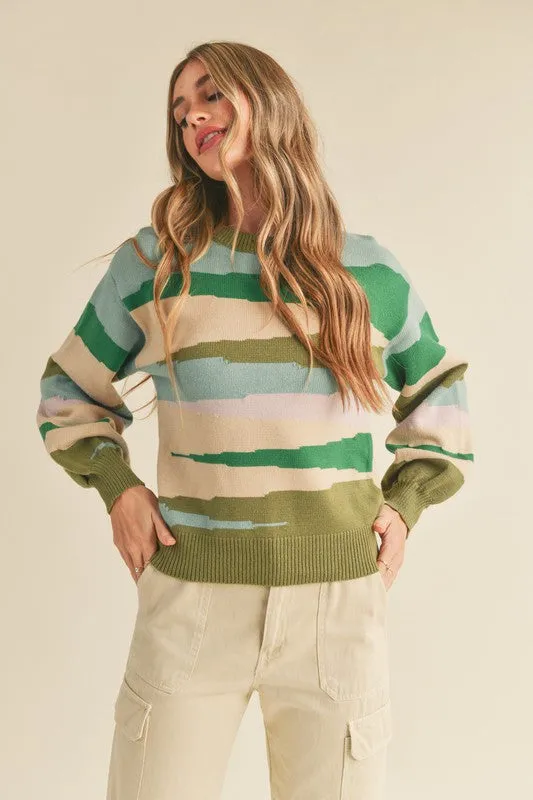 Olive/Blue Balloon Sleeve Sweater