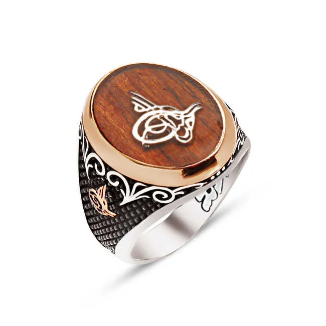 On Wood Enameled Ottoman Tughra Ellipse Silver Men’s Ring Siding Bush Pattern and Dimond Pattern and Ottoman Tughra