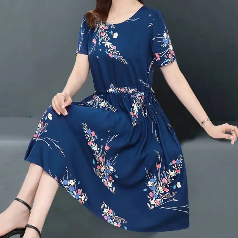 Loose Midi Dress Women Vintage Print Korean Elegan Boho Floral Dresses Summer O-Neck Womens Casual Sundress S3773984