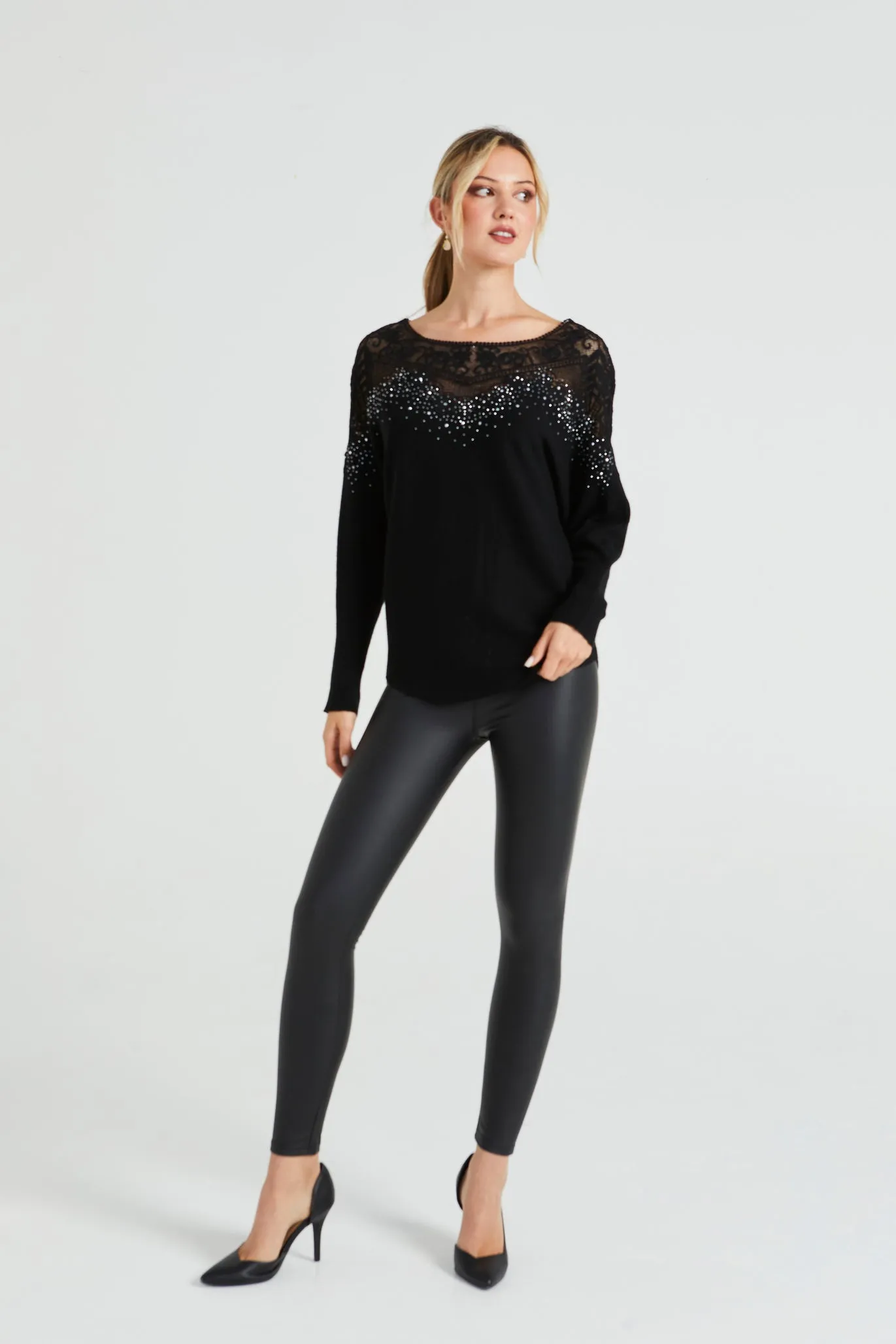 Angeleye Black Batwing Knitted Jumper With Sequin