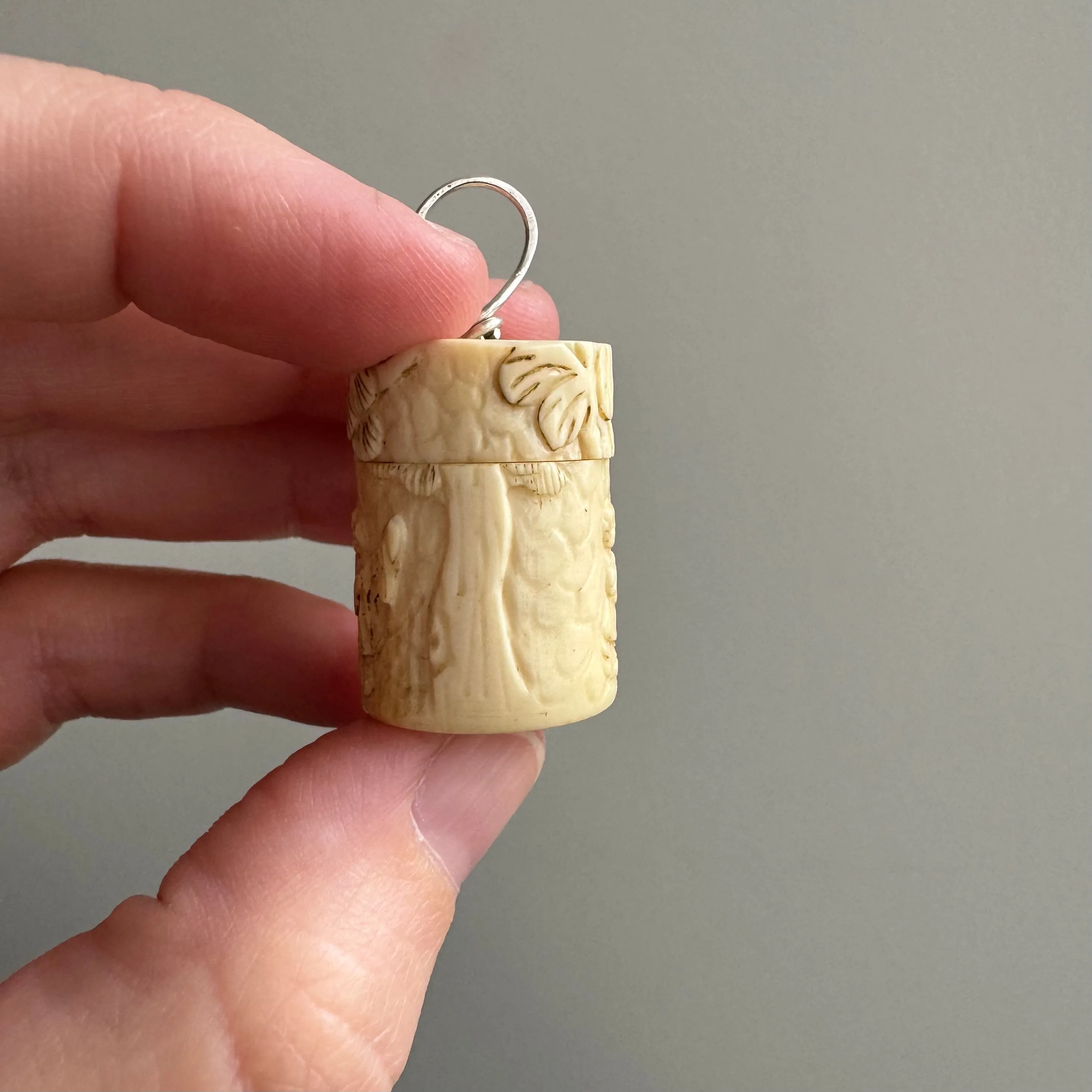 V I N T A G E // wise ancestors / carved bone pill box with sterling silver bail / a pendant