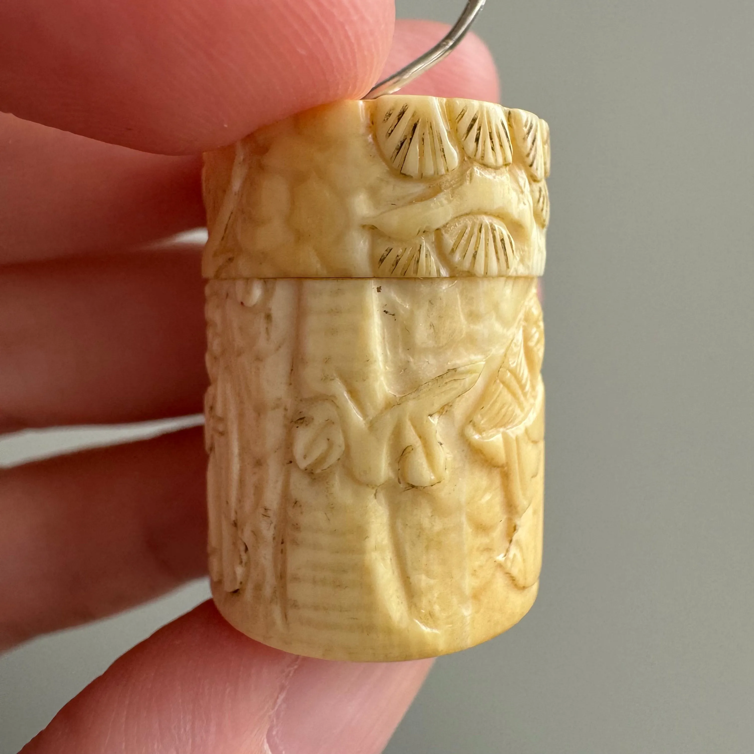 V I N T A G E // wise ancestors / carved bone pill box with sterling silver bail / a pendant