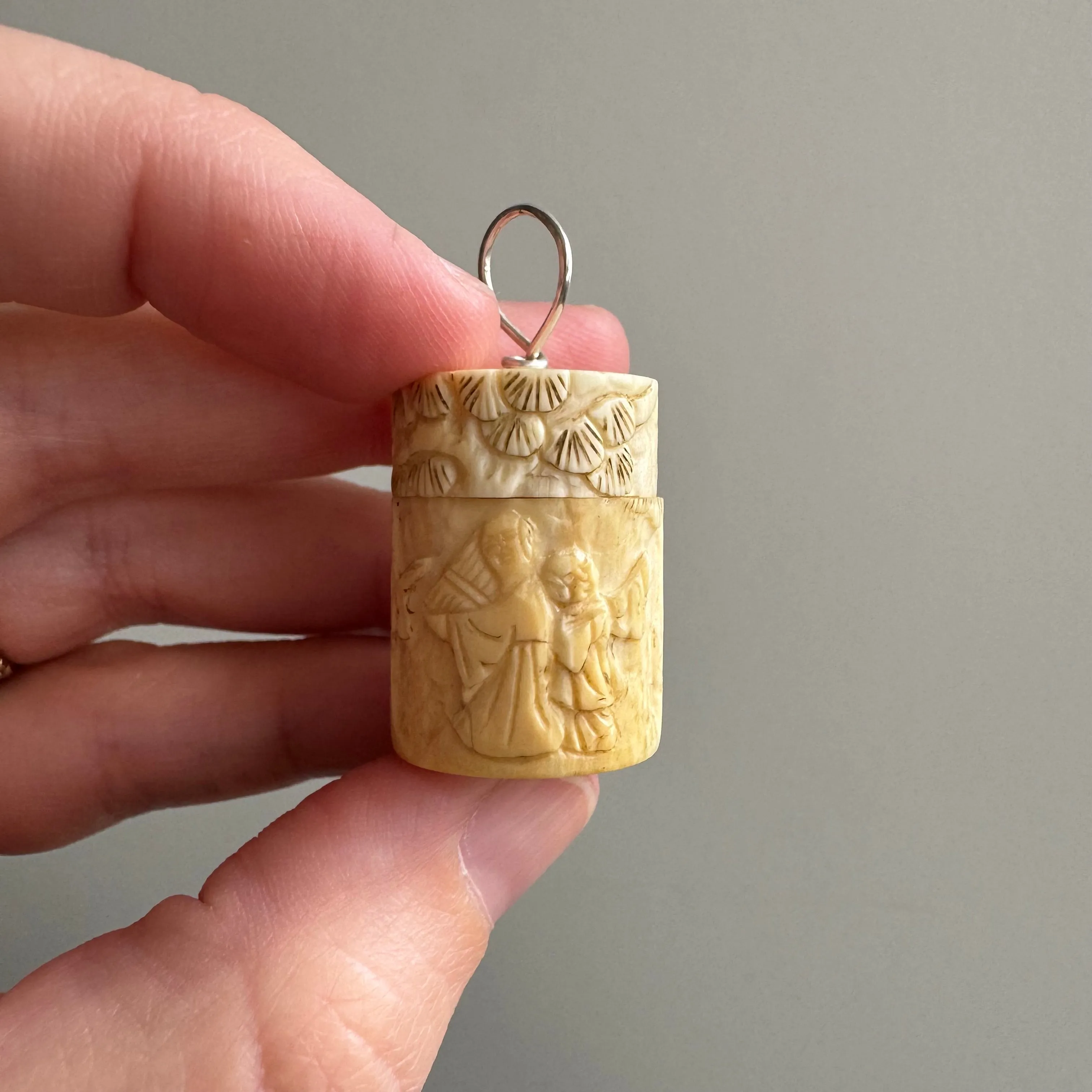 V I N T A G E // wise ancestors / carved bone pill box with sterling silver bail / a pendant