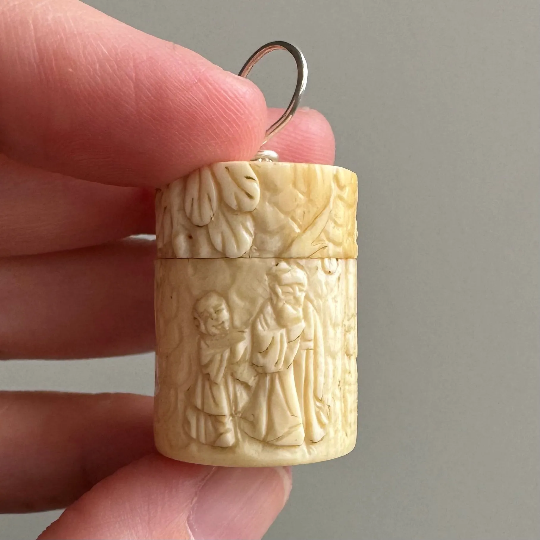 V I N T A G E // wise ancestors / carved bone pill box with sterling silver bail / a pendant