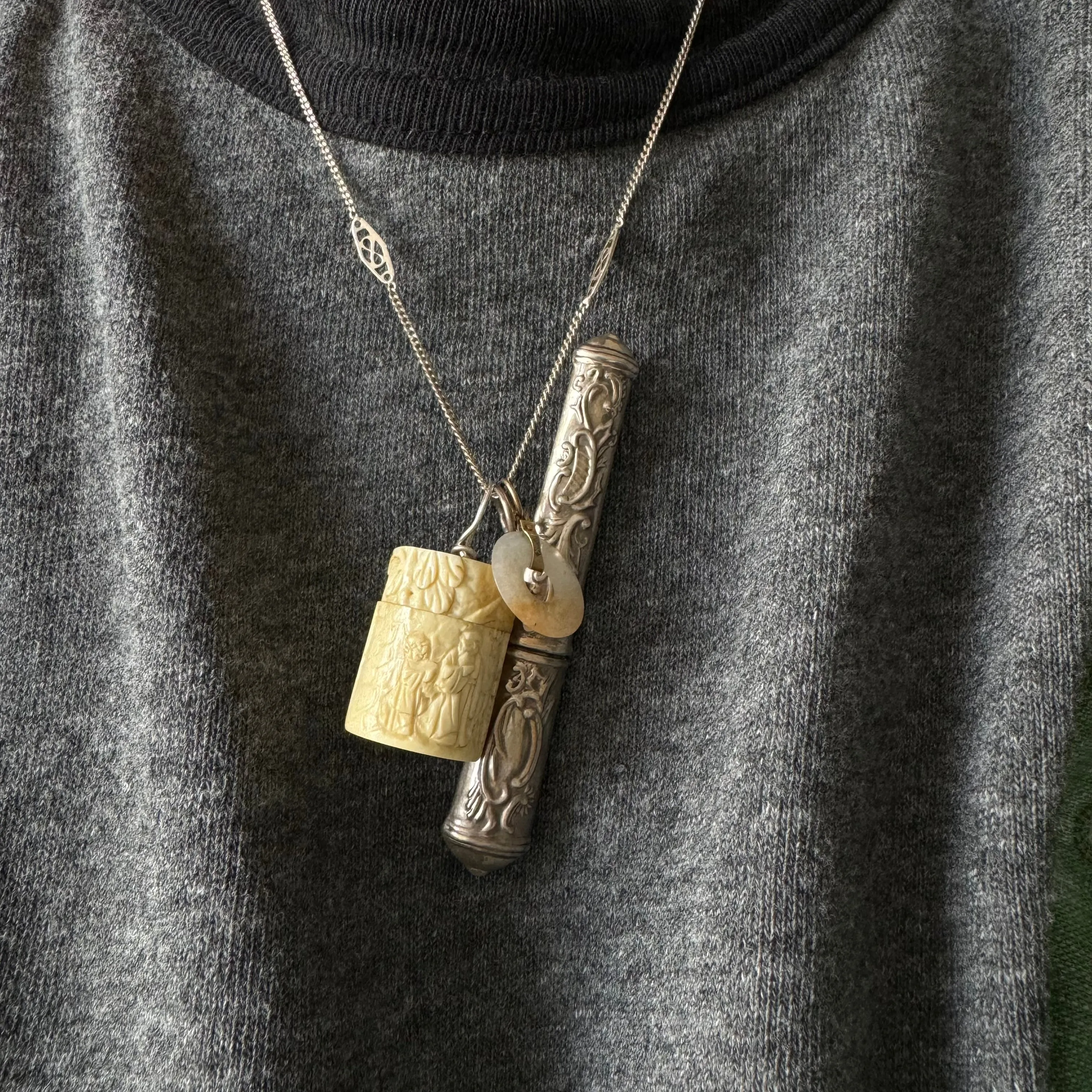 V I N T A G E // wise ancestors / carved bone pill box with sterling silver bail / a pendant