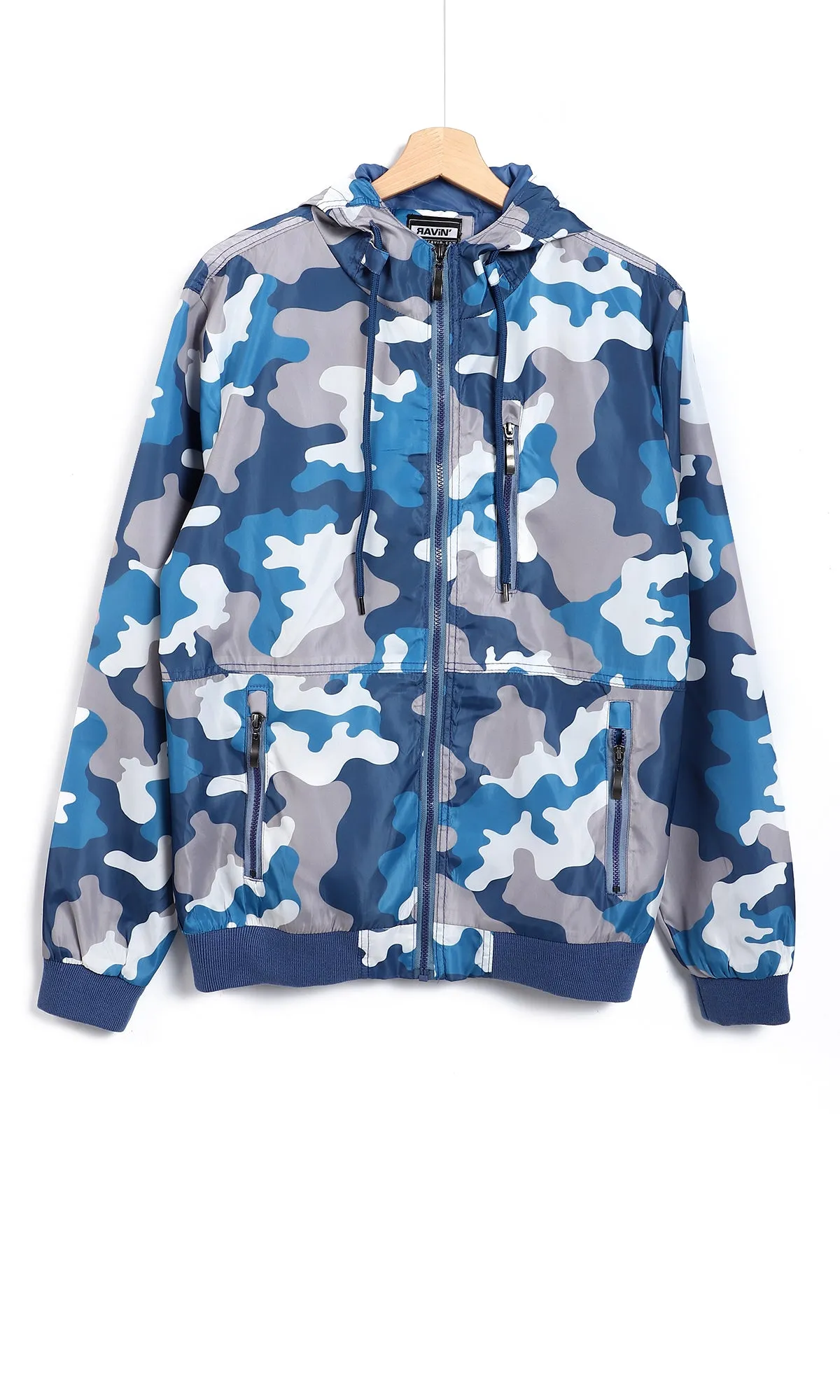 O157785 Camouflage Hooded Jacket With Zipped Front Pockets - Blue, White & Grey