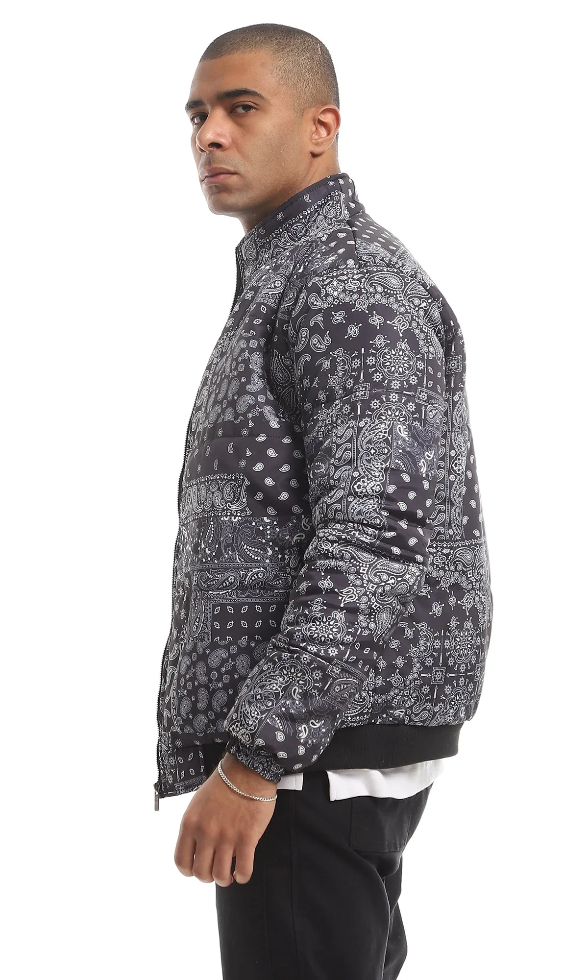 O156176 White Paisley Pattern Allover Navy Blue Bomber Jacket