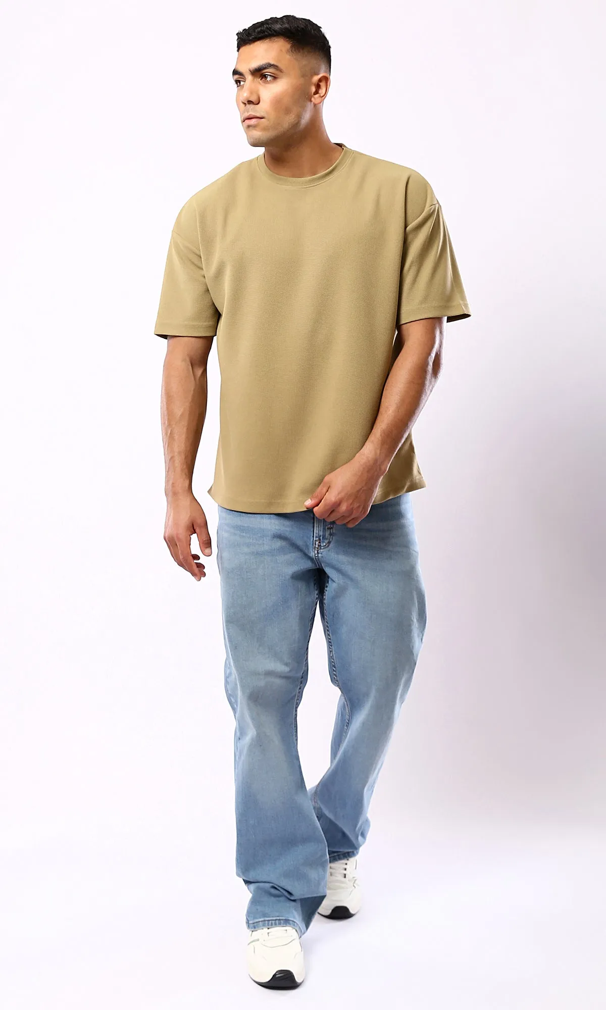 O182740 Self Pattern Dark Beige Relaxed Fit Polyester Tee