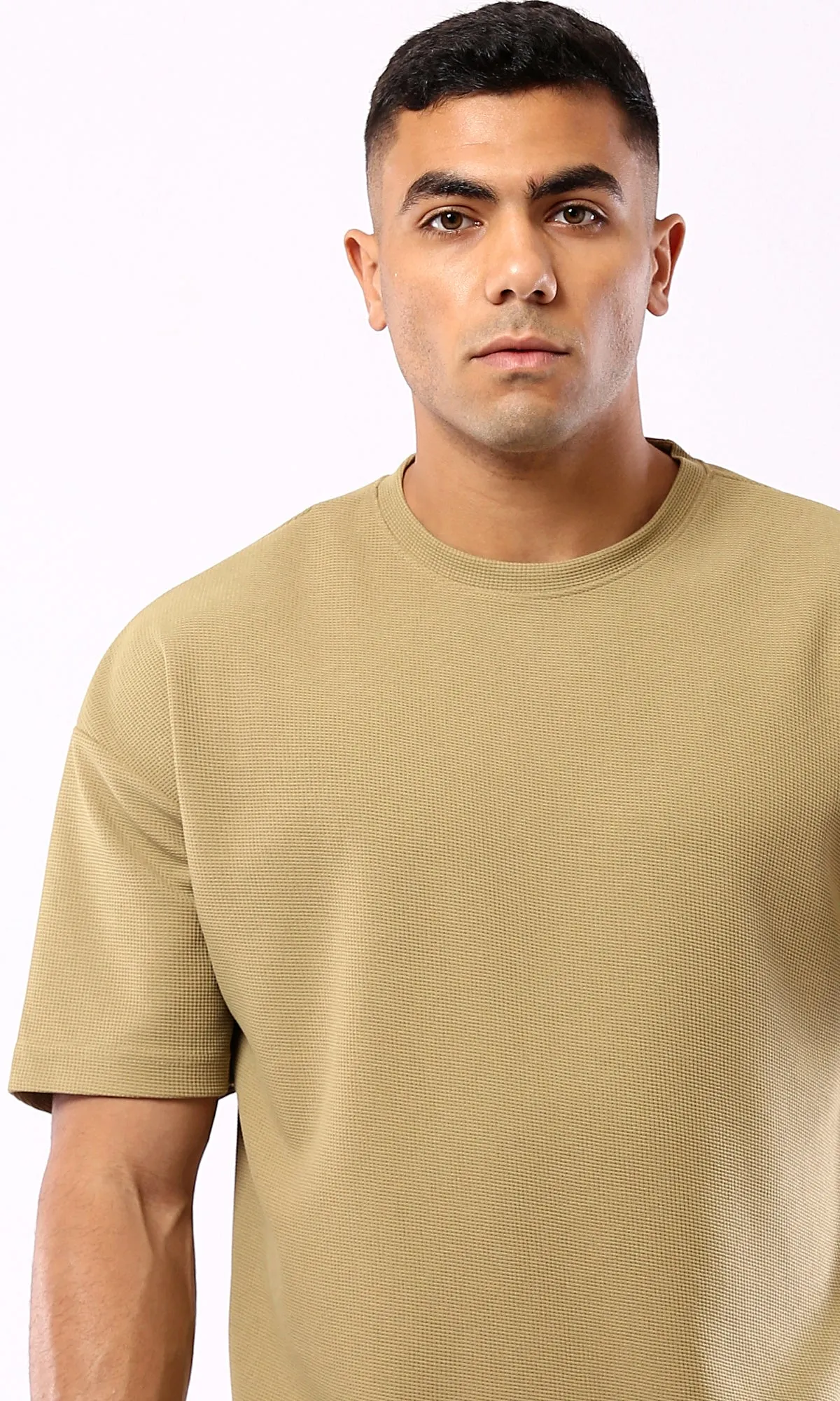 O182740 Self Pattern Dark Beige Relaxed Fit Polyester Tee