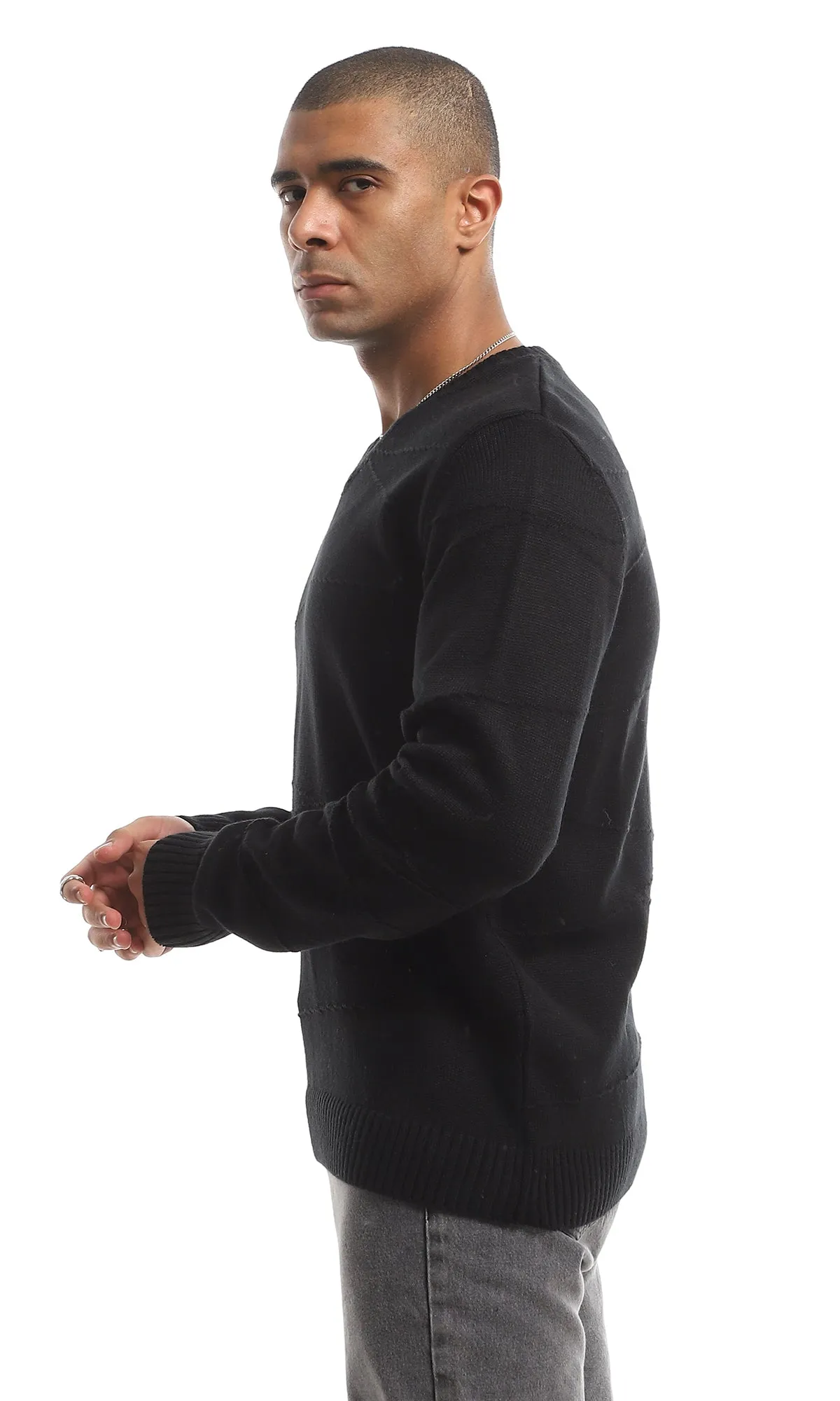 O161323 Classic Knitted V-Neck Long Sleeved Plain Pullover - Black