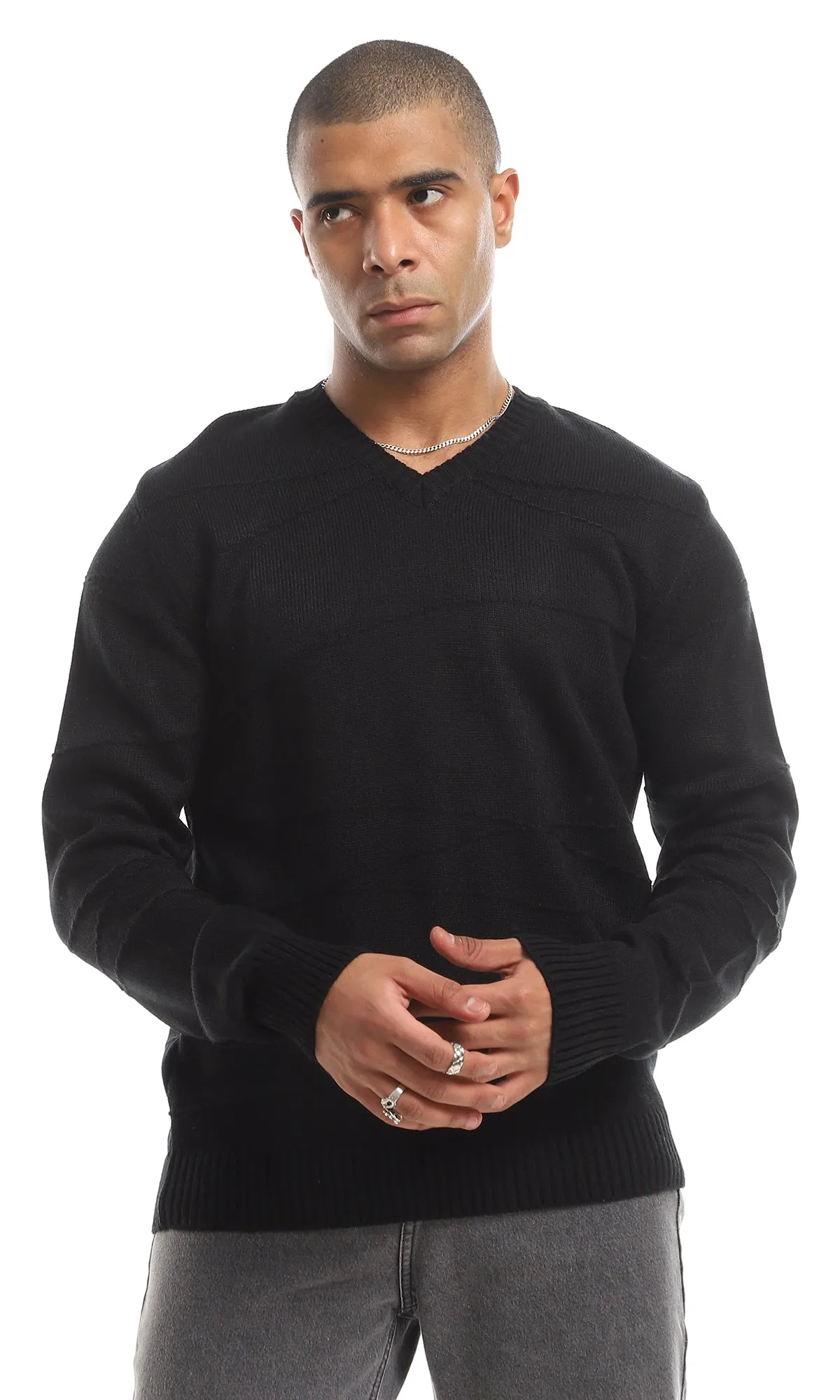 O161323 Classic Knitted V-Neck Long Sleeved Plain Pullover - Black