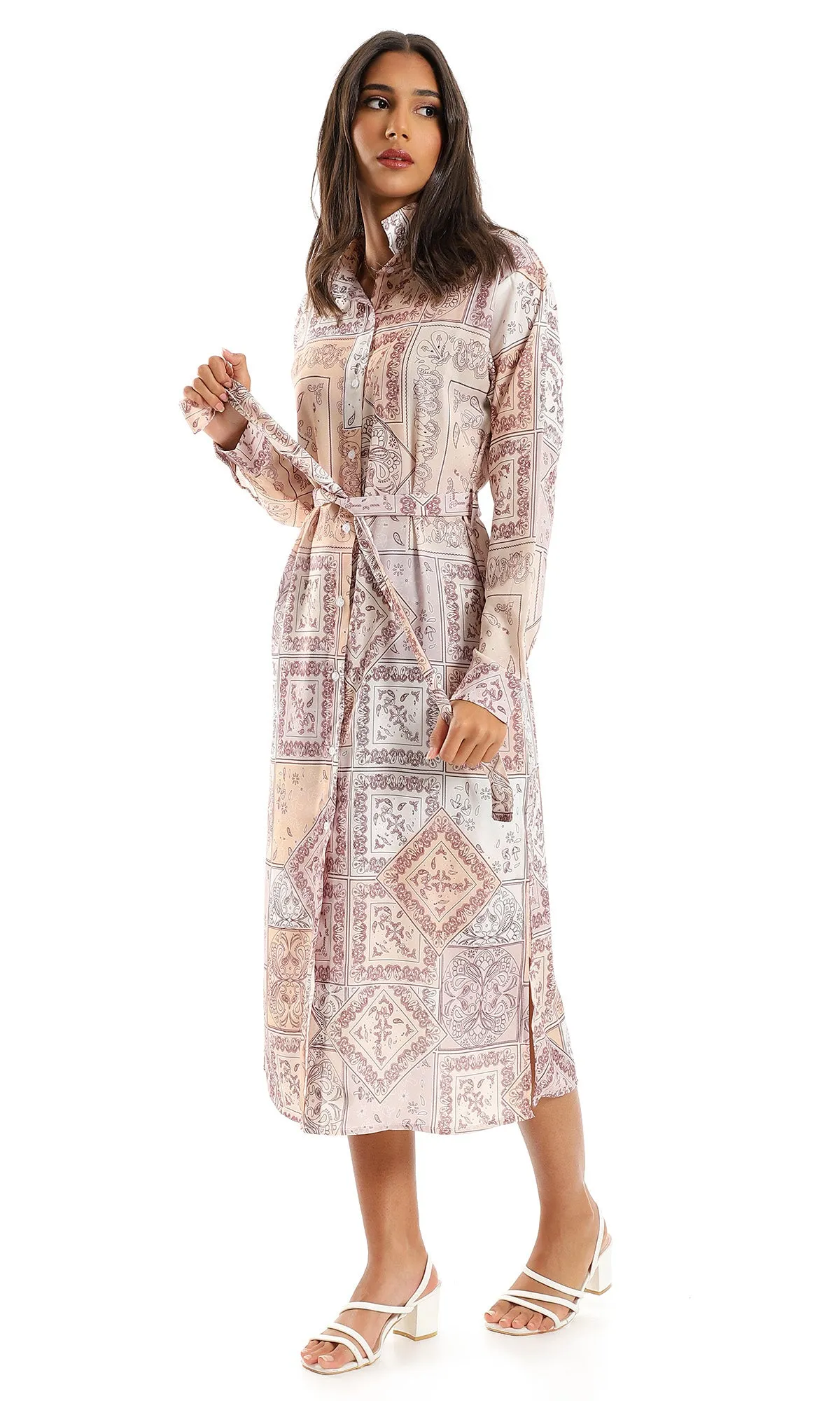 98195 Linen Full Sleeves Shirt Dress With Side Slits - Beige & Brown