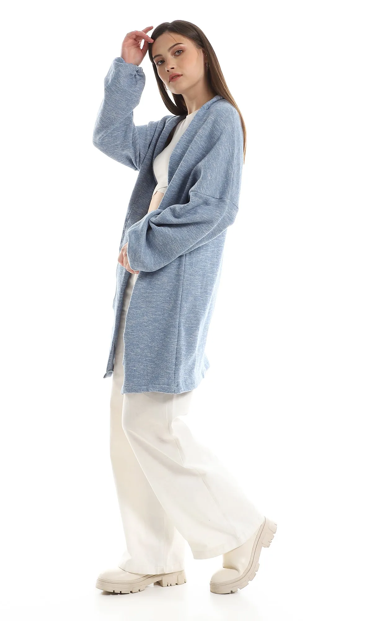 O162758 Inner Fleece Heather Baby Blue Slip On Cardigan