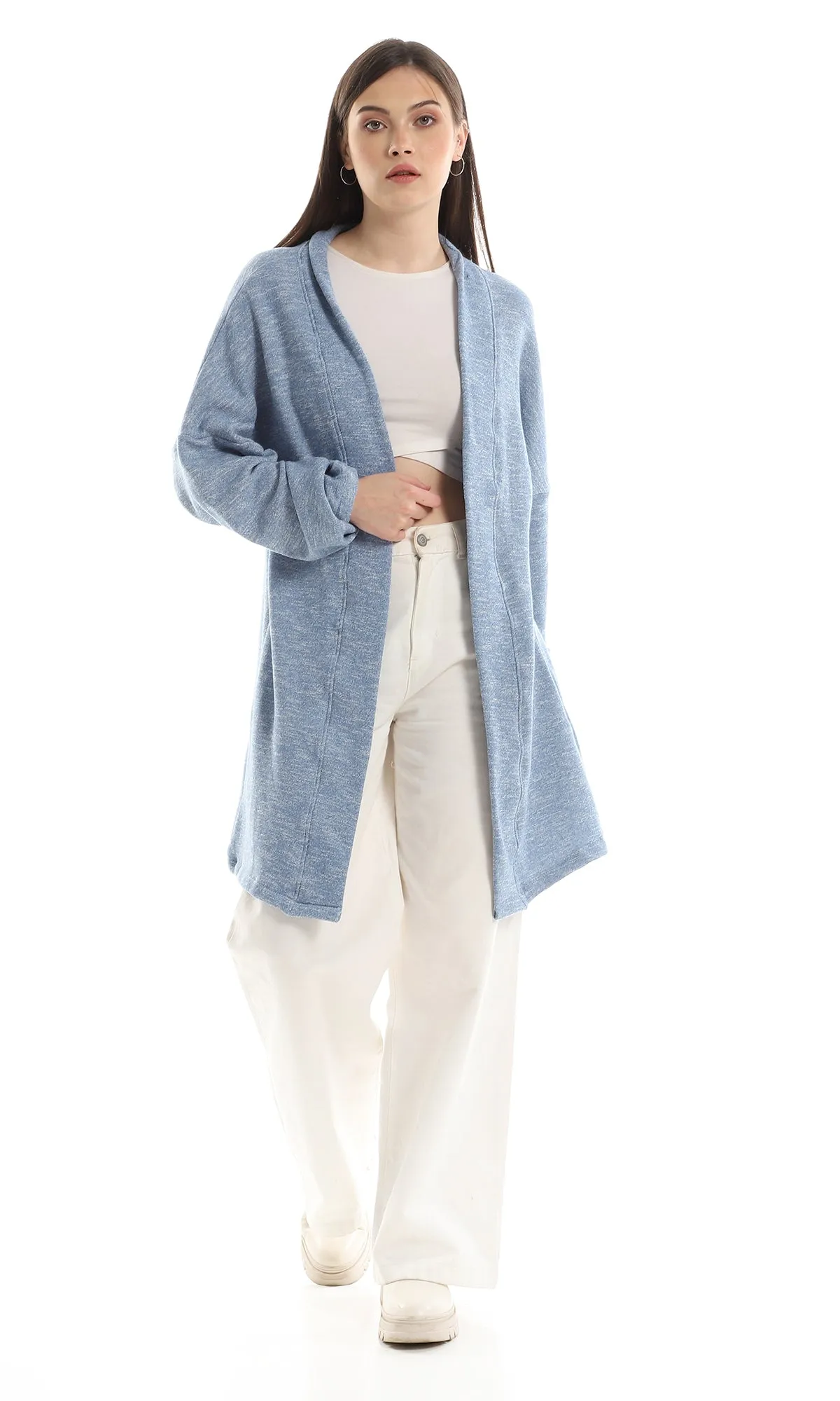 O162758 Inner Fleece Heather Baby Blue Slip On Cardigan