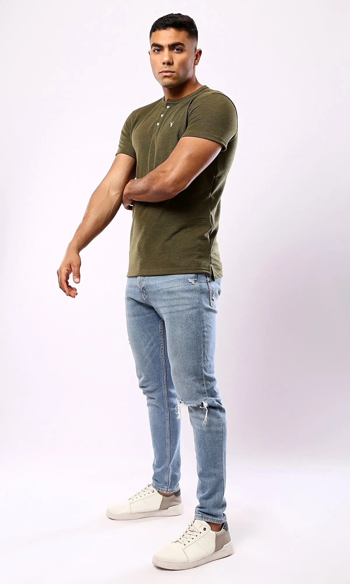 O181701 Round Neck With Buttons Heather Olive Henley Shirt