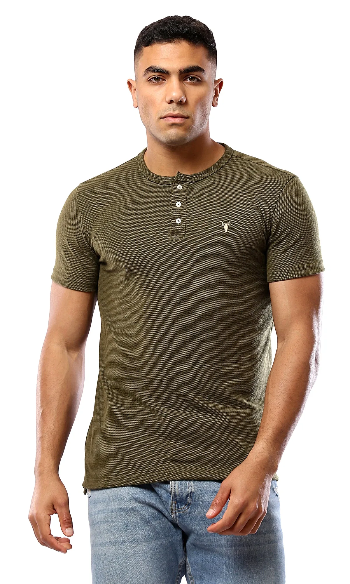 O181701 Round Neck With Buttons Heather Olive Henley Shirt