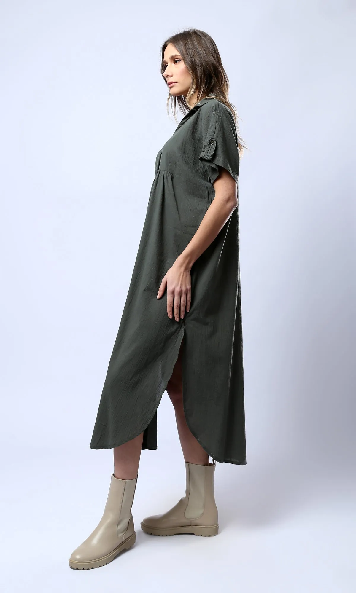 O178043 Open V-Neck Forest Green Summer Midi Dress