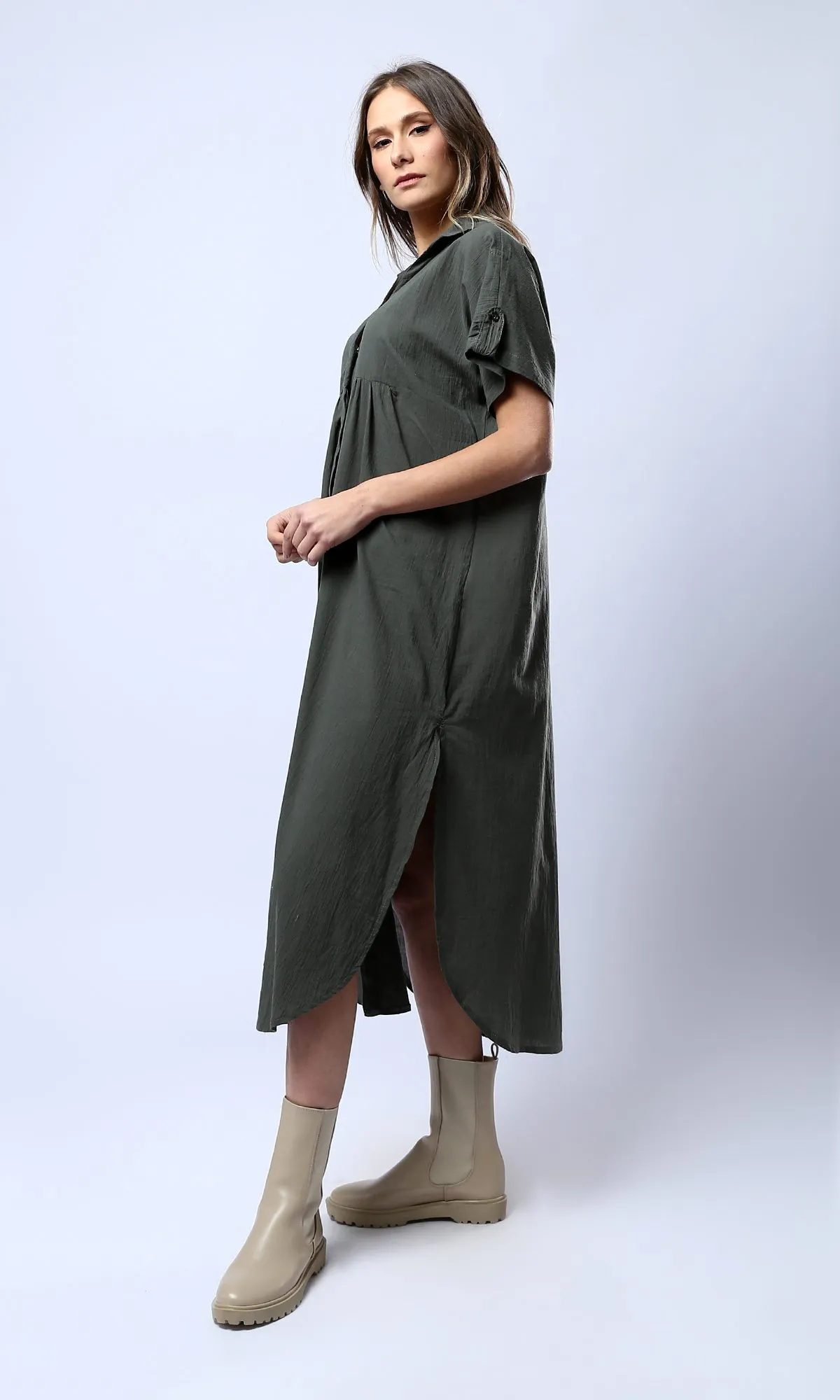 O178043 Open V-Neck Forest Green Summer Midi Dress