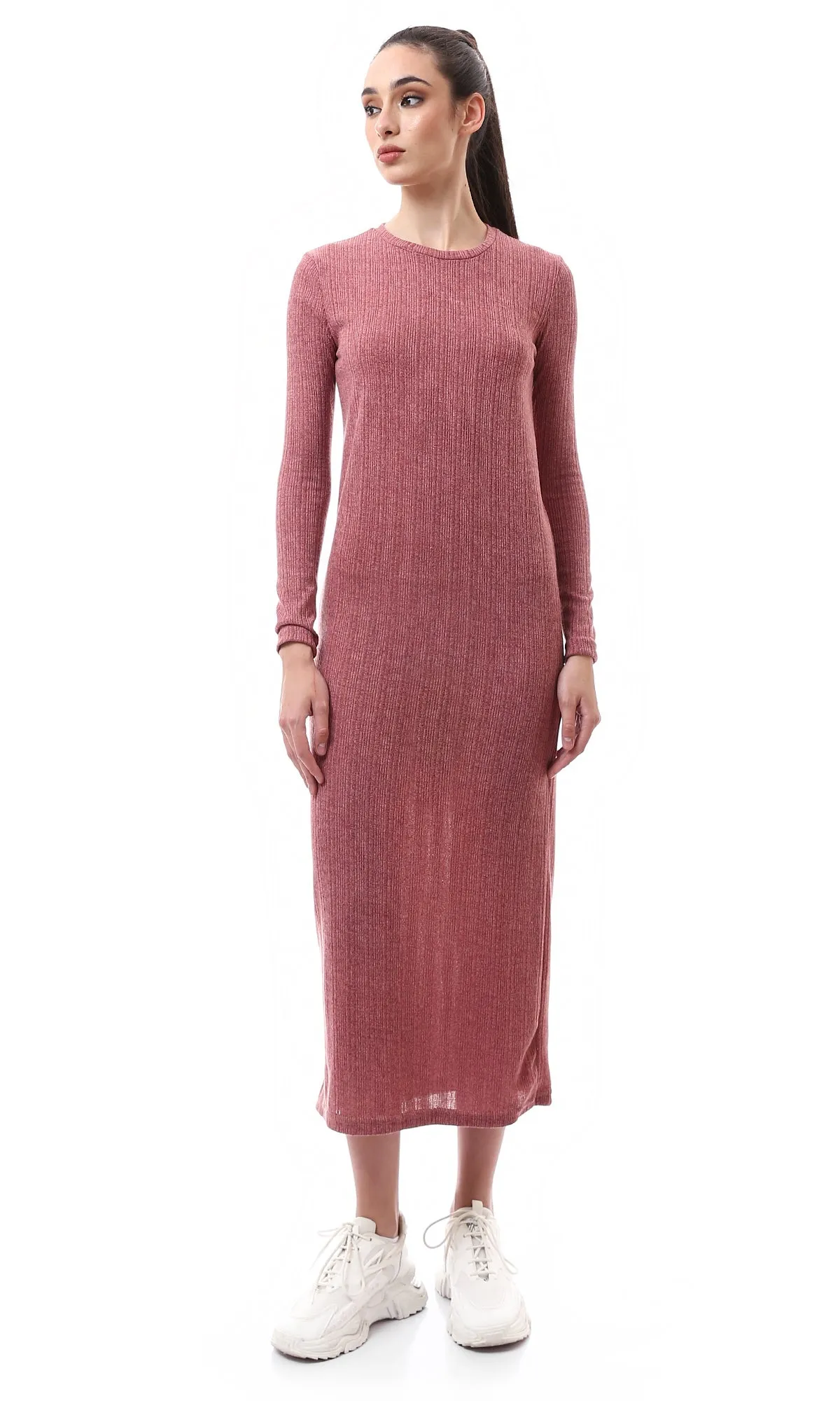 O176590 Dark Nude Pink Long Sleeves Ribbed Maxi Dress