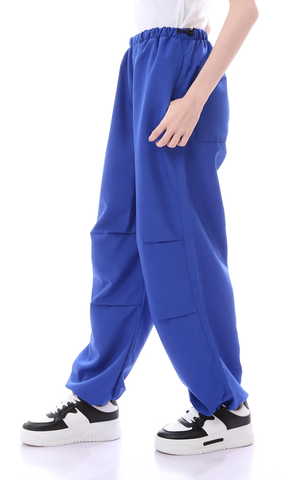 O168052 Trendy Royal Blue Loose Fit Parachute Pants With Elastic Waist & Hem