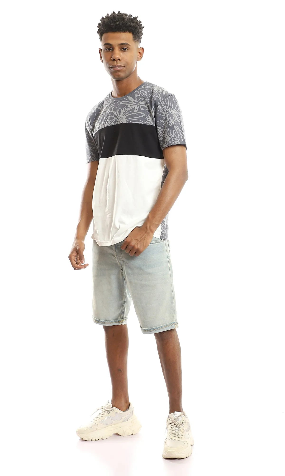 97643 Patterned Chest With Tri-Tone Summer Tee - Grey, Black & White