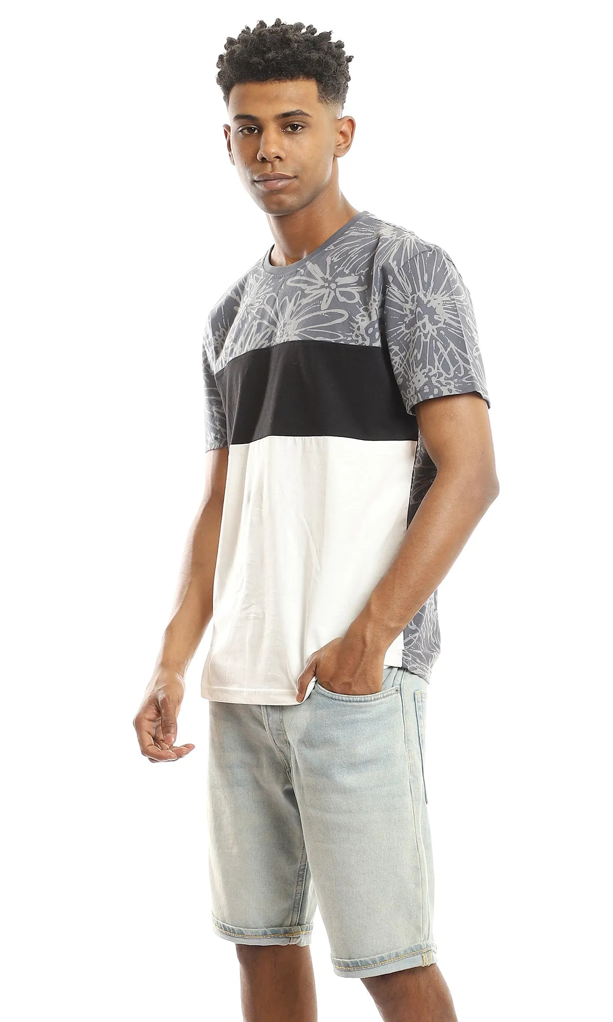 97643 Patterned Chest With Tri-Tone Summer Tee - Grey, Black & White