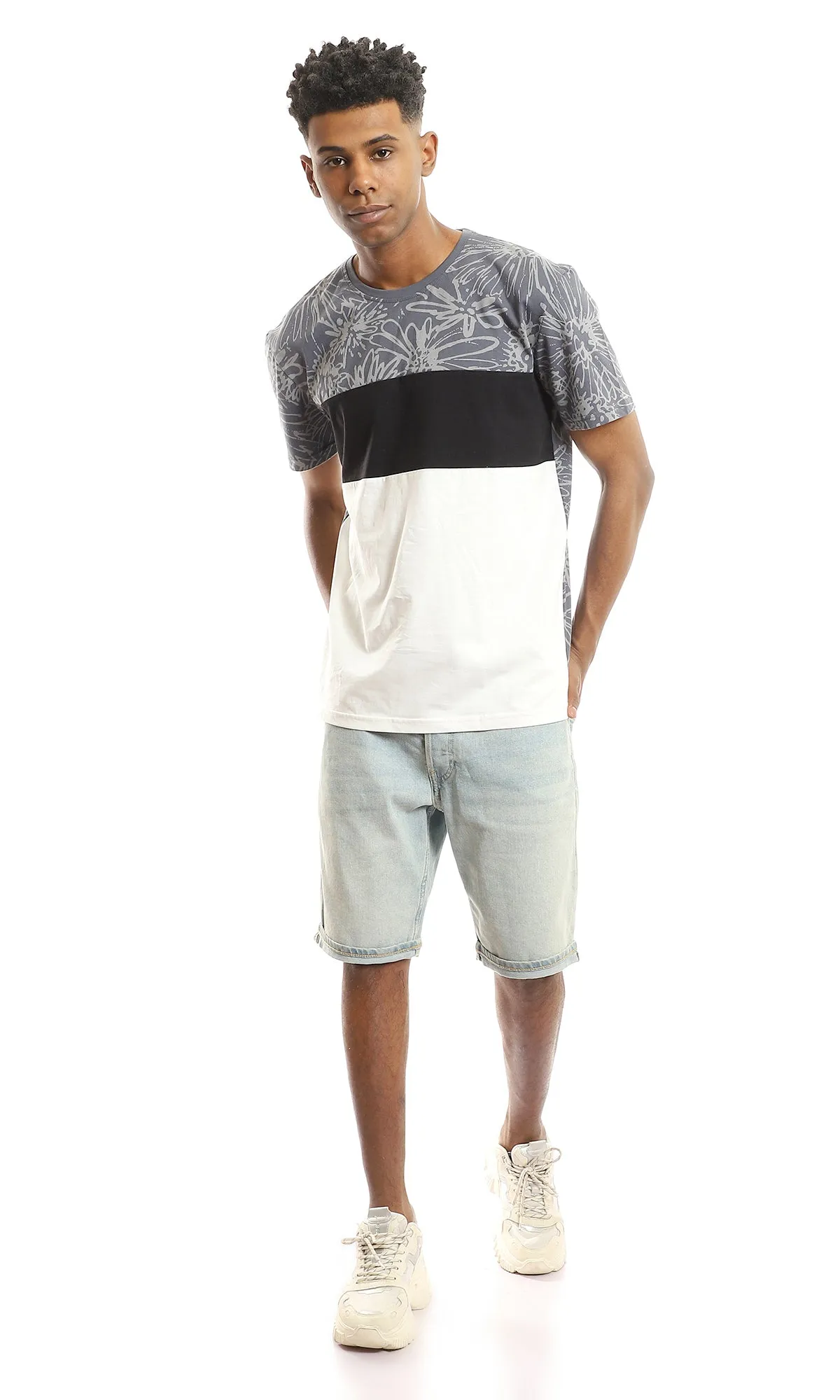 97643 Patterned Chest With Tri-Tone Summer Tee - Grey, Black & White