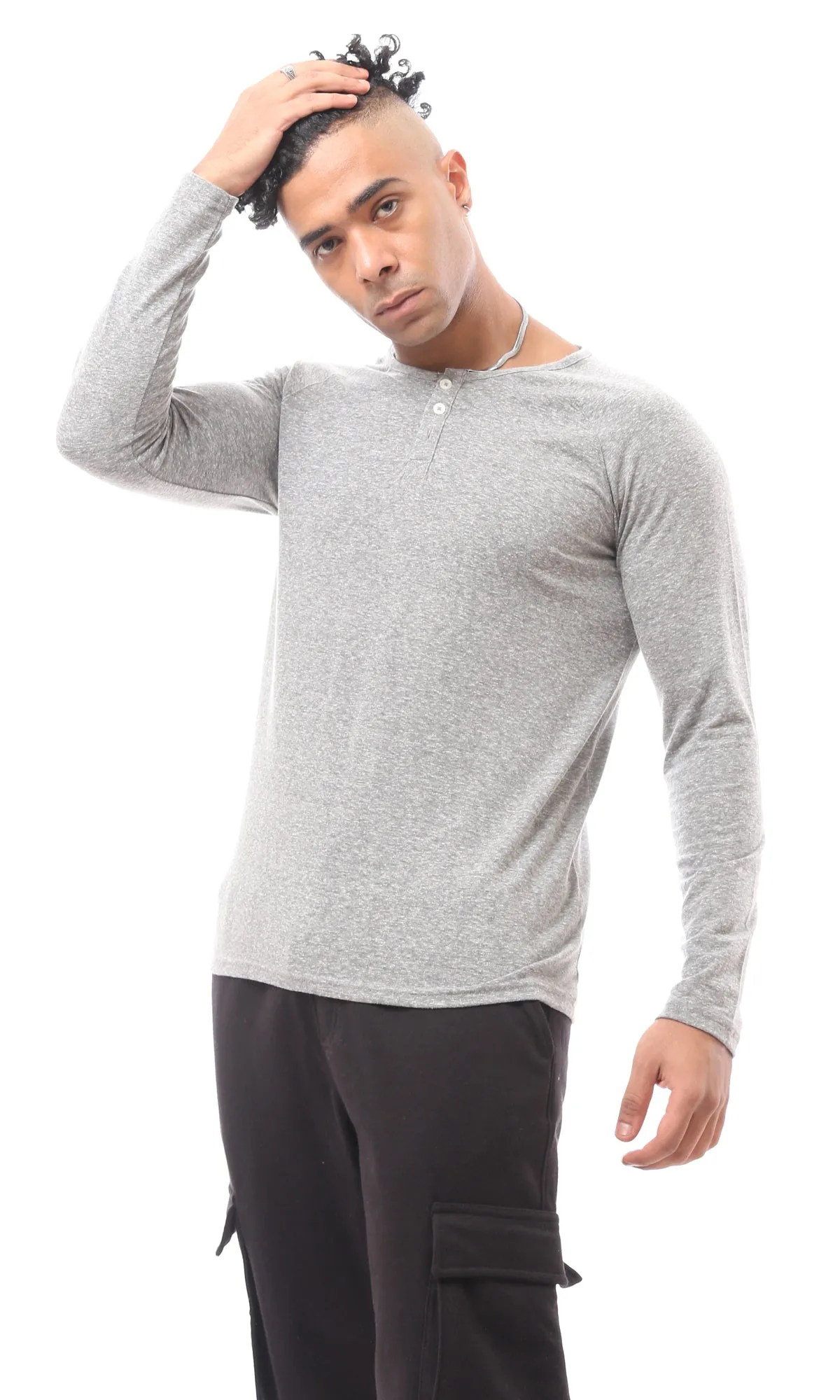 O171799 Long Sleeve Cotton Heather Light Grey Tee