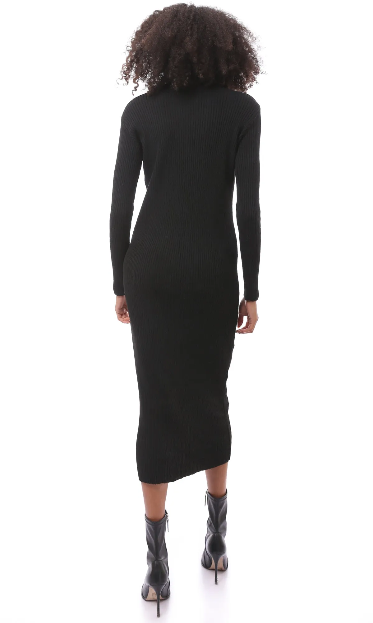 O172553 Black Ribbed Long Sleeves Winter Midi-Dress