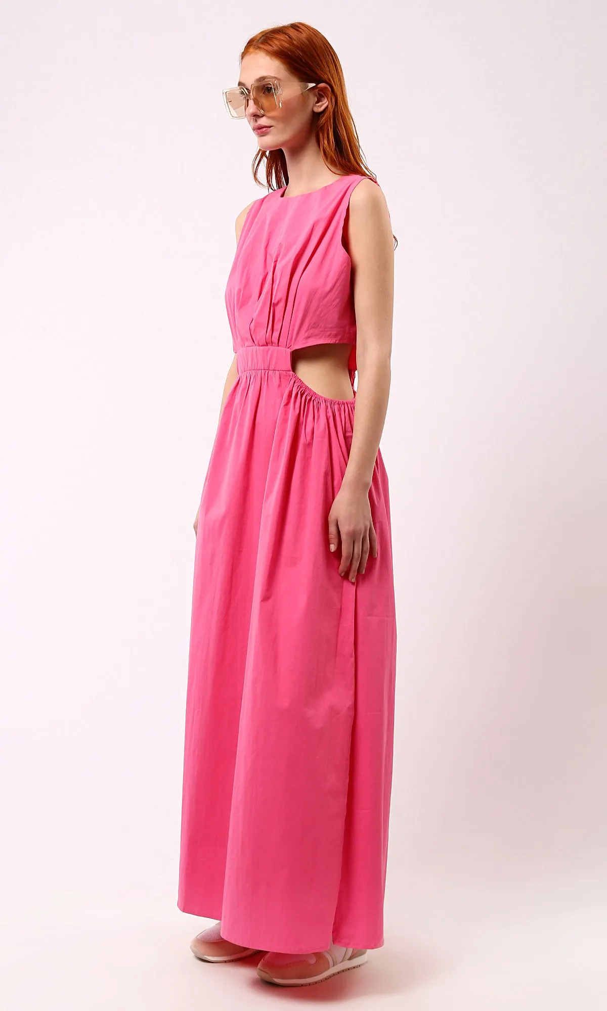 O178817 Fuchsia Elastic Waist Slip On Summer Maxi Dress