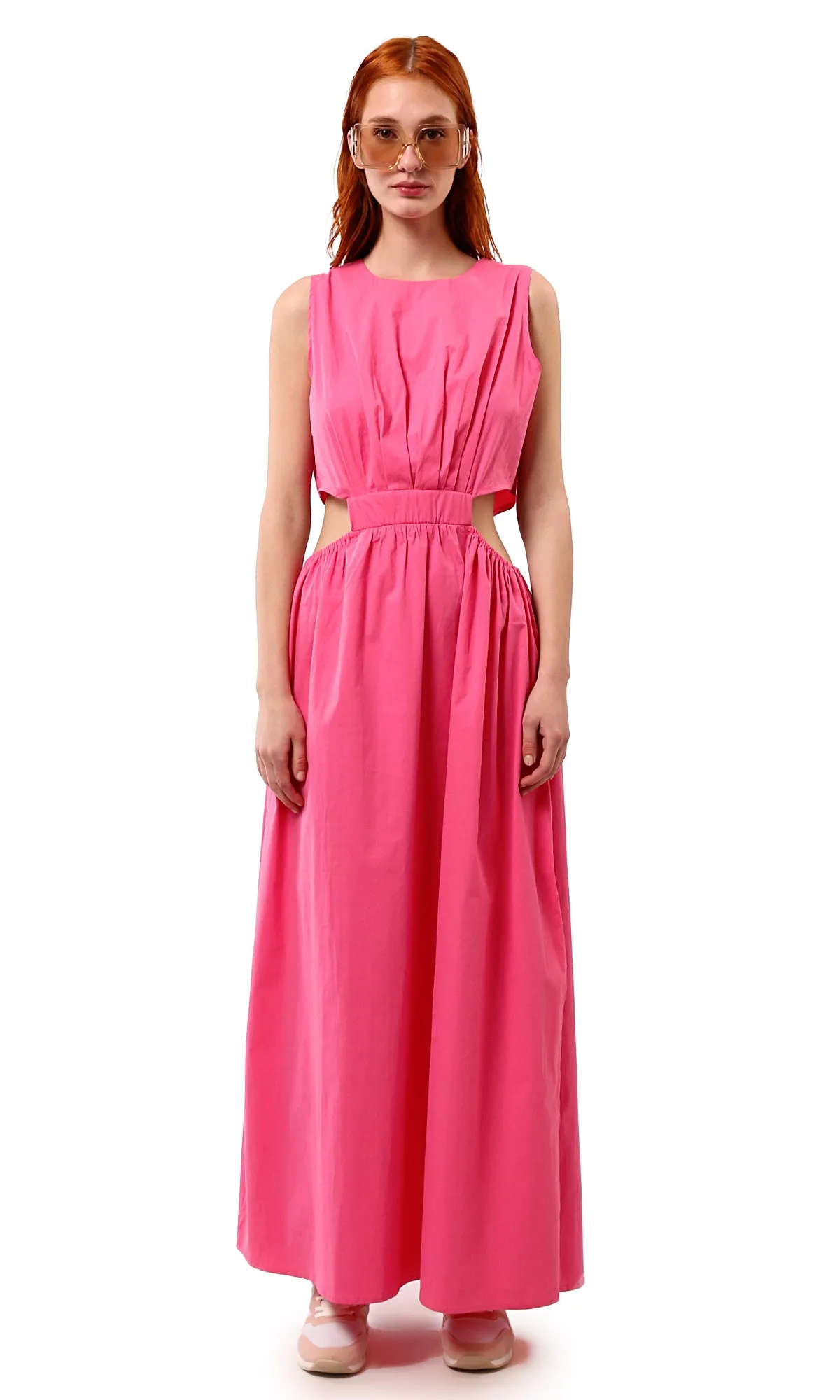 O178817 Fuchsia Elastic Waist Slip On Summer Maxi Dress